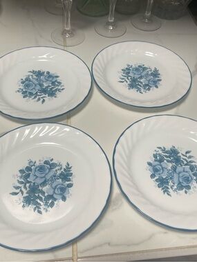 Corelle White Salad Plates with Blue Rose Bouquet - Set of 4